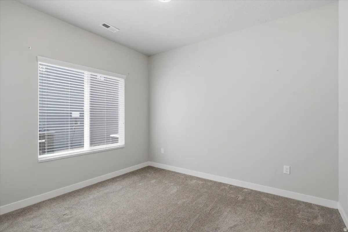Carpeted room featuring a large window with horizontal blinds, light grey walls, white trim, and a ceiling light fixture