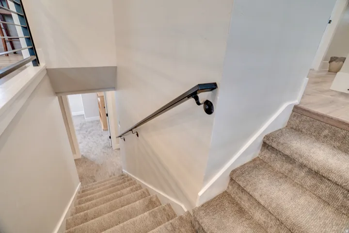 Carpeted staircase with a black metal handrail and white baseboards