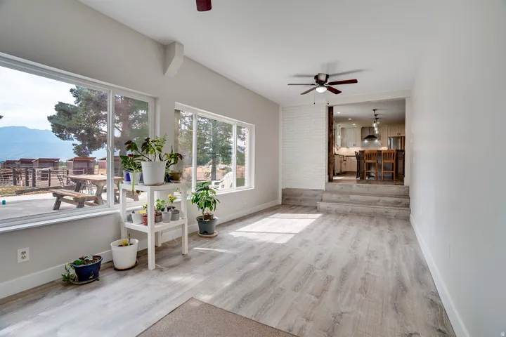 Spacious living area featuring large windows, wood-finish flooring, and a ceiling fan