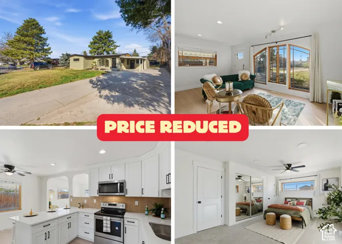 Real Estate Listing Image. Displaying exterior and interior property features with a price reduction notification