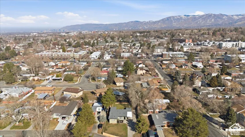 Aerial perspective of a residential neighborhood featuring a mix of architectural styles, established trees, and paved streets