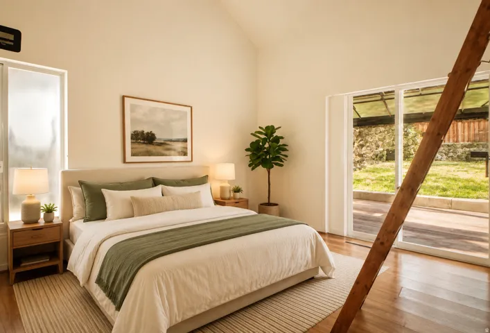 Virtually Staged bedroom 3 featuring vaulted ceilings, wood flooring, a full-height frosted window, and sliding glass doors opening to outdoor decking and lawn