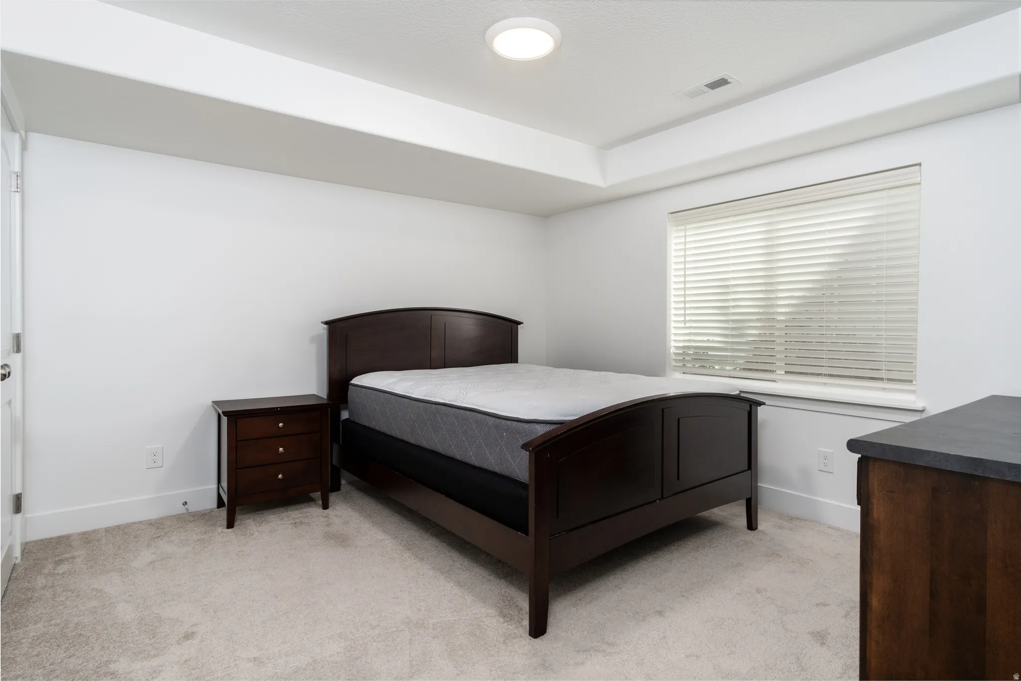 Bedroom featuring a window with horizontal blinds, overhead flush mount lighting, and light-colored carpeting