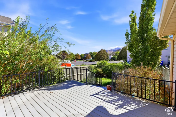 Expansive outdoor deck with composite decking and black metal railings, surrounded by mature landscaping