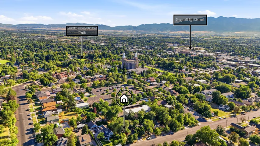 Aerial perspective showcasing a verdant residential area with established trees and surrounding landscape