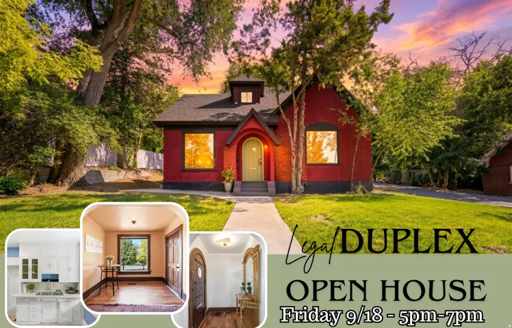 Real Estate Marketing Flyer. Advertising an open house for the property, a duplex, on Friday 9/18 from 5pm-7pm