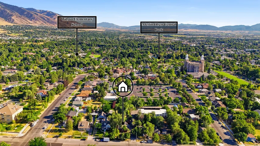 Aerial overview of a residential area featuring established neighborhoods with mature trees