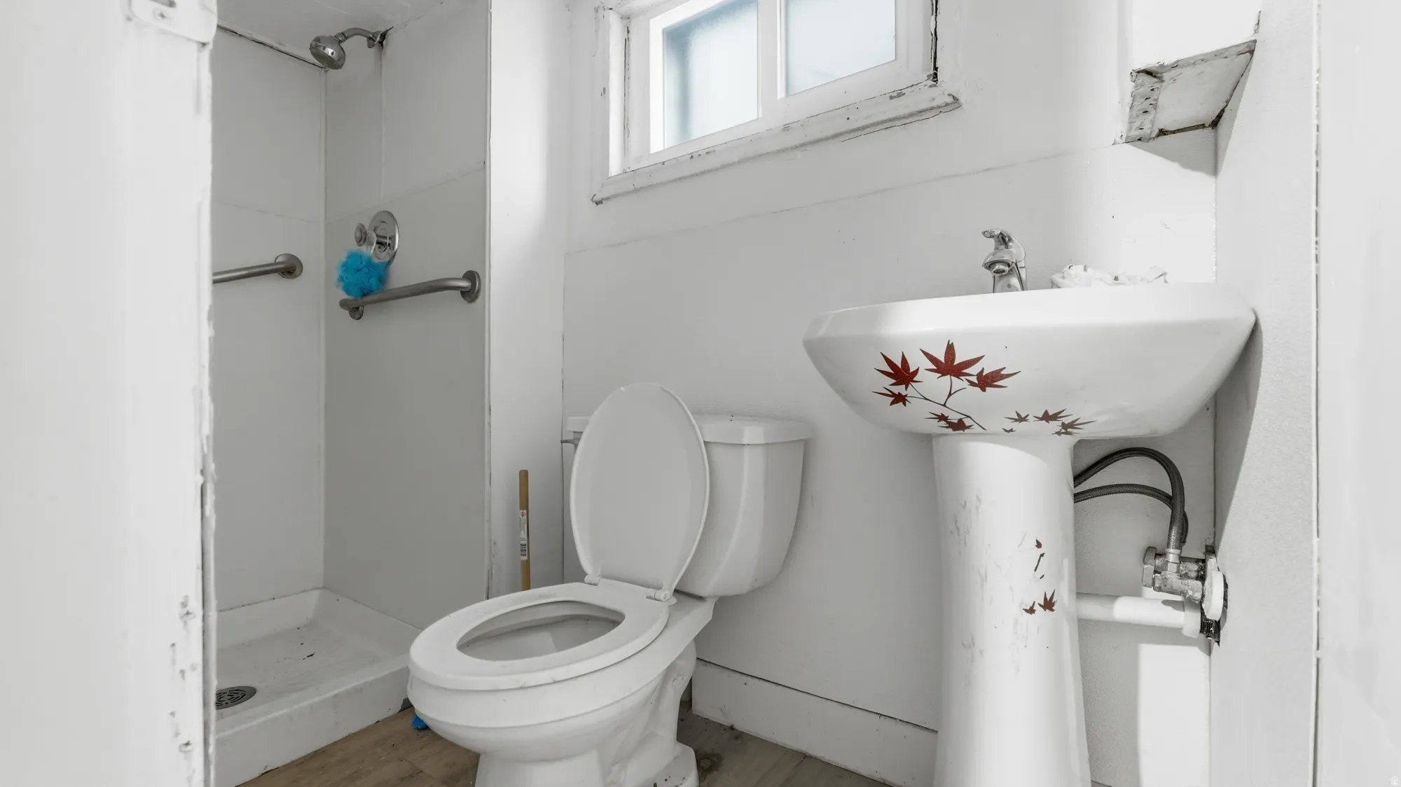 Pedestal sink with red maple leaf motif, white toilet, and walk-in shower with grab bars