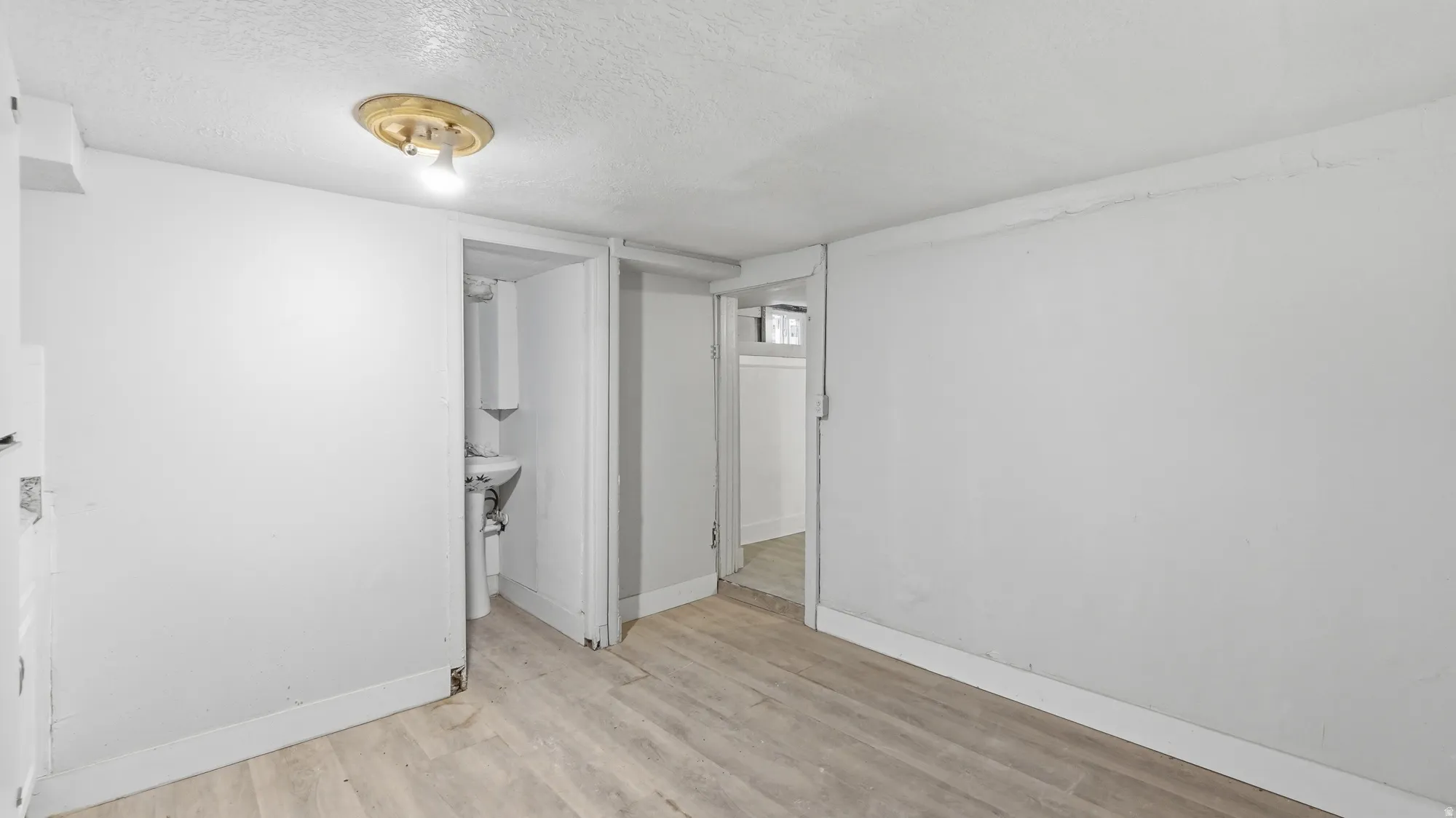 Light-toned wood-finish flooring, white painted walls, and a ceiling-mounted light fixture