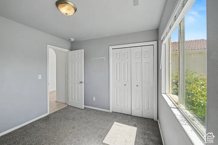 Carpeted flooring, bi-fold closet doors, natural light from the window, and a flush mount ceiling fixture