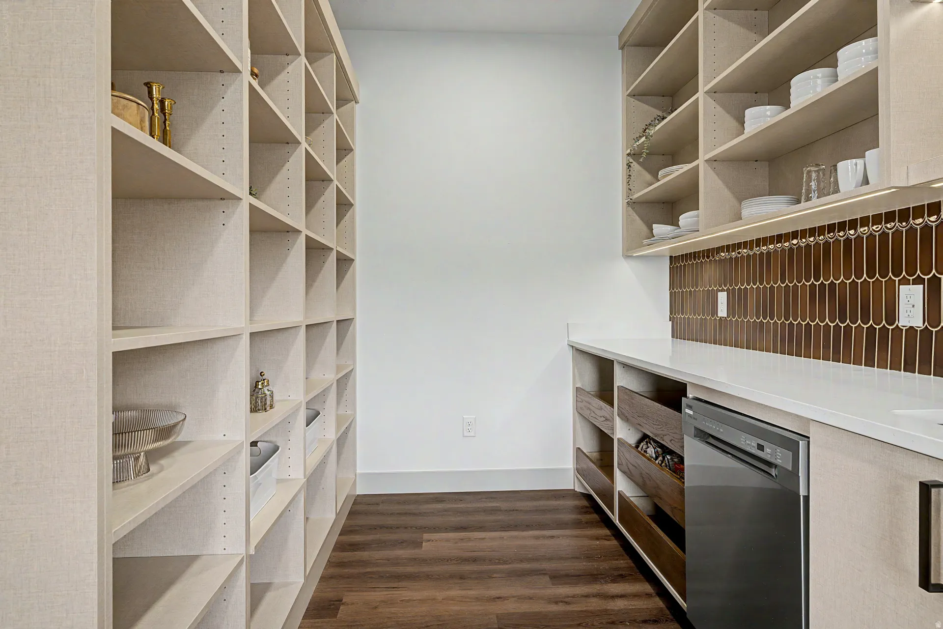 Walk-through pantry featuring extensive built-in shelving, wood-finish flooring, a white countertop, patterned tile backsplash, and a built-in stainless steel dishwasher