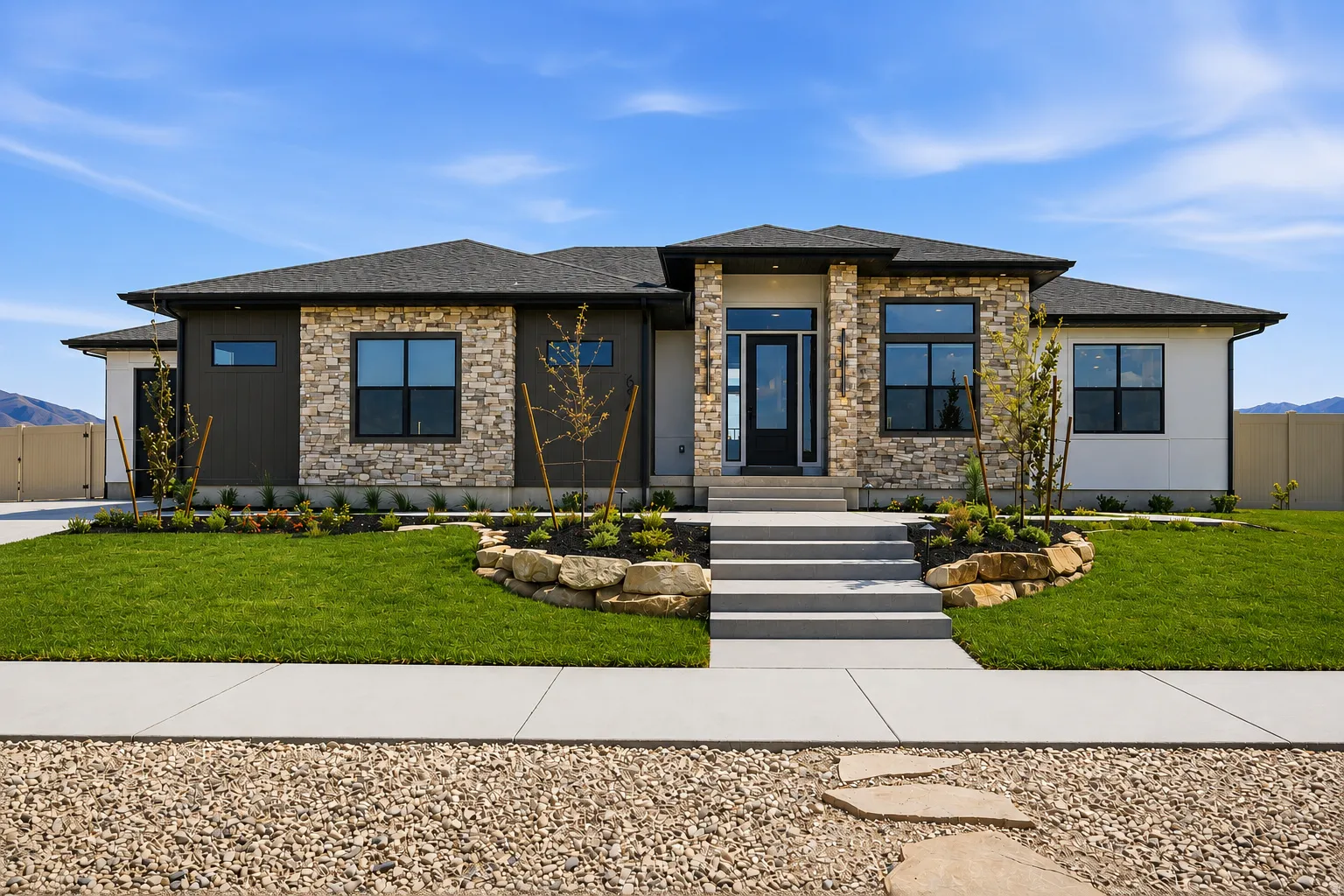 Contemporary ranch-style residence featuring a stone and siding facade