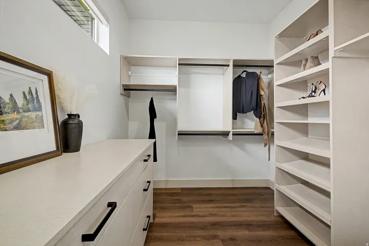 Custom closet system with wood-finish flooring