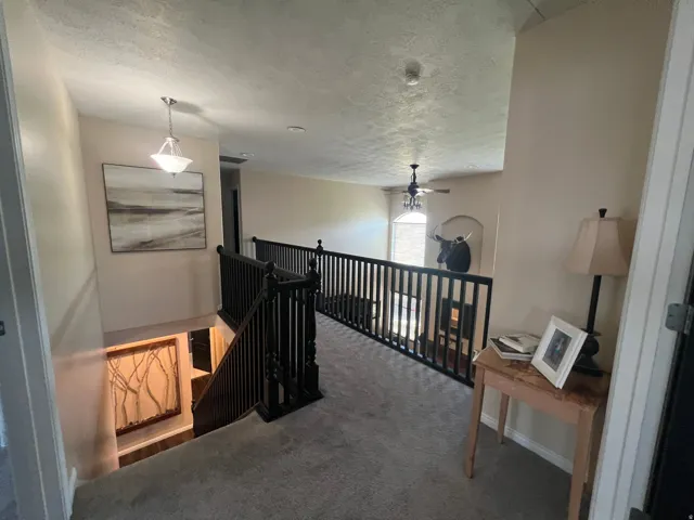 Upper-level landing featuring carpeted flooring and black wood balusters