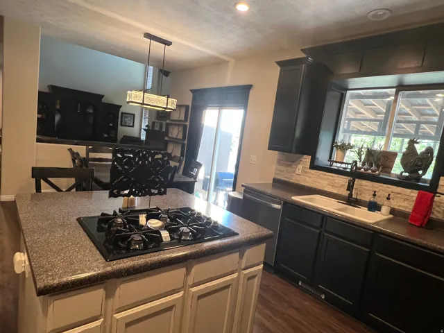 Kitchen featuring an island with a built-in gas cooktop, dark cabinetry, light-toned backsplash, and a double-basin sink with a gooseneck faucet