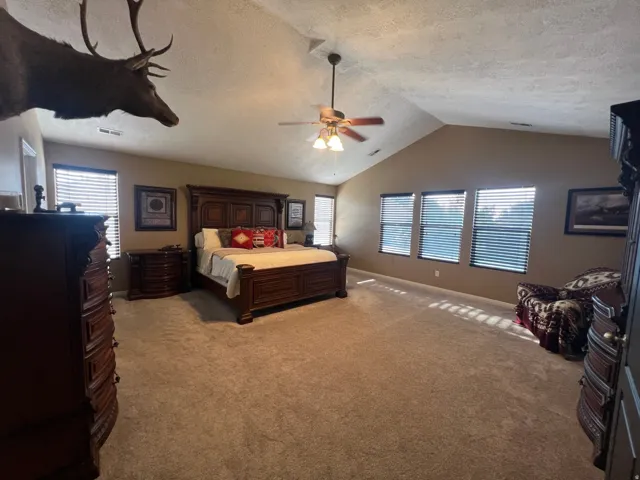 Spacious room with vaulted ceilings and neutral-toned carpeting