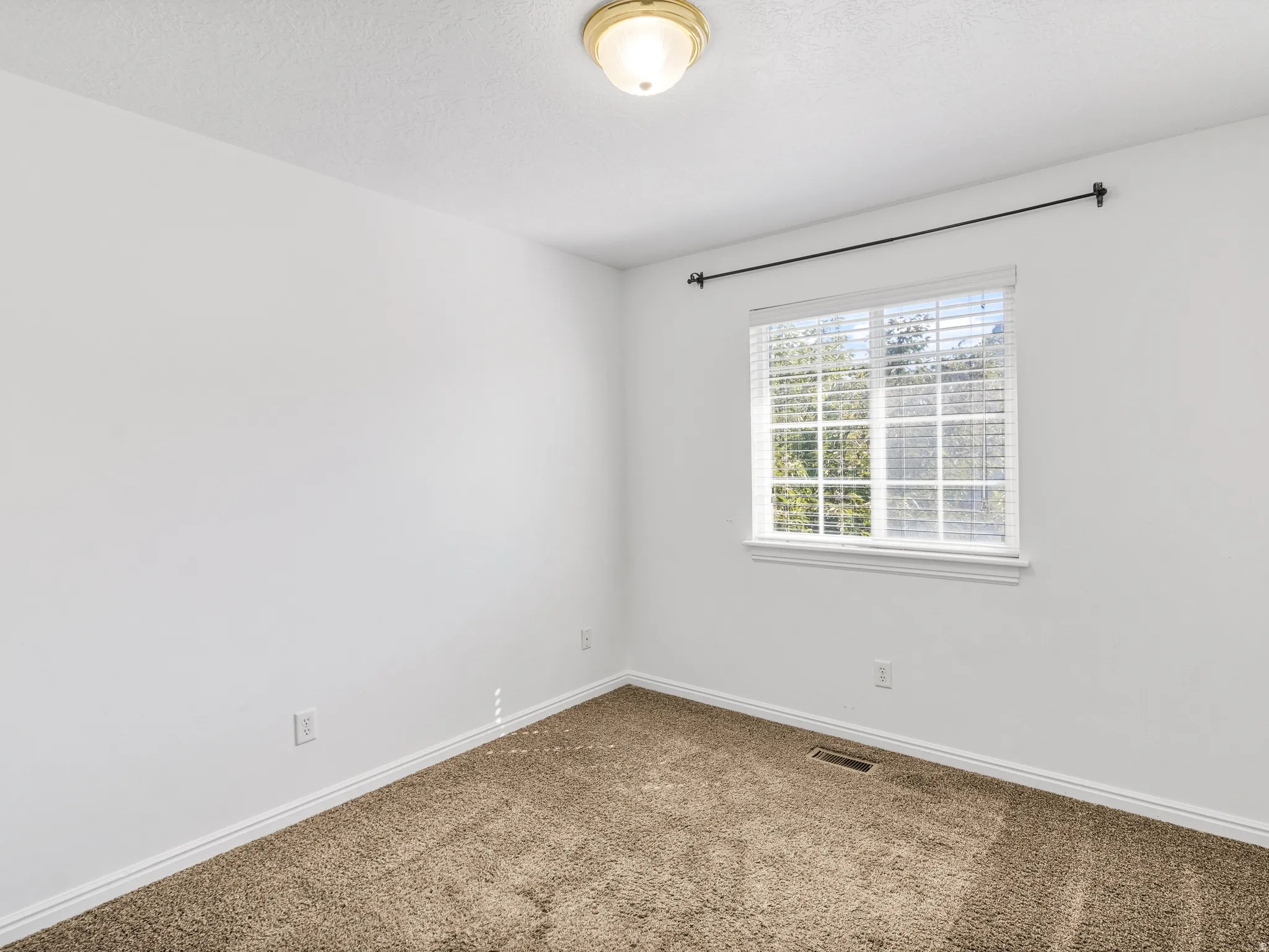 Neutral wall tones, carpeted flooring, a ceiling-mounted light fixture, white window blinds, and white trim