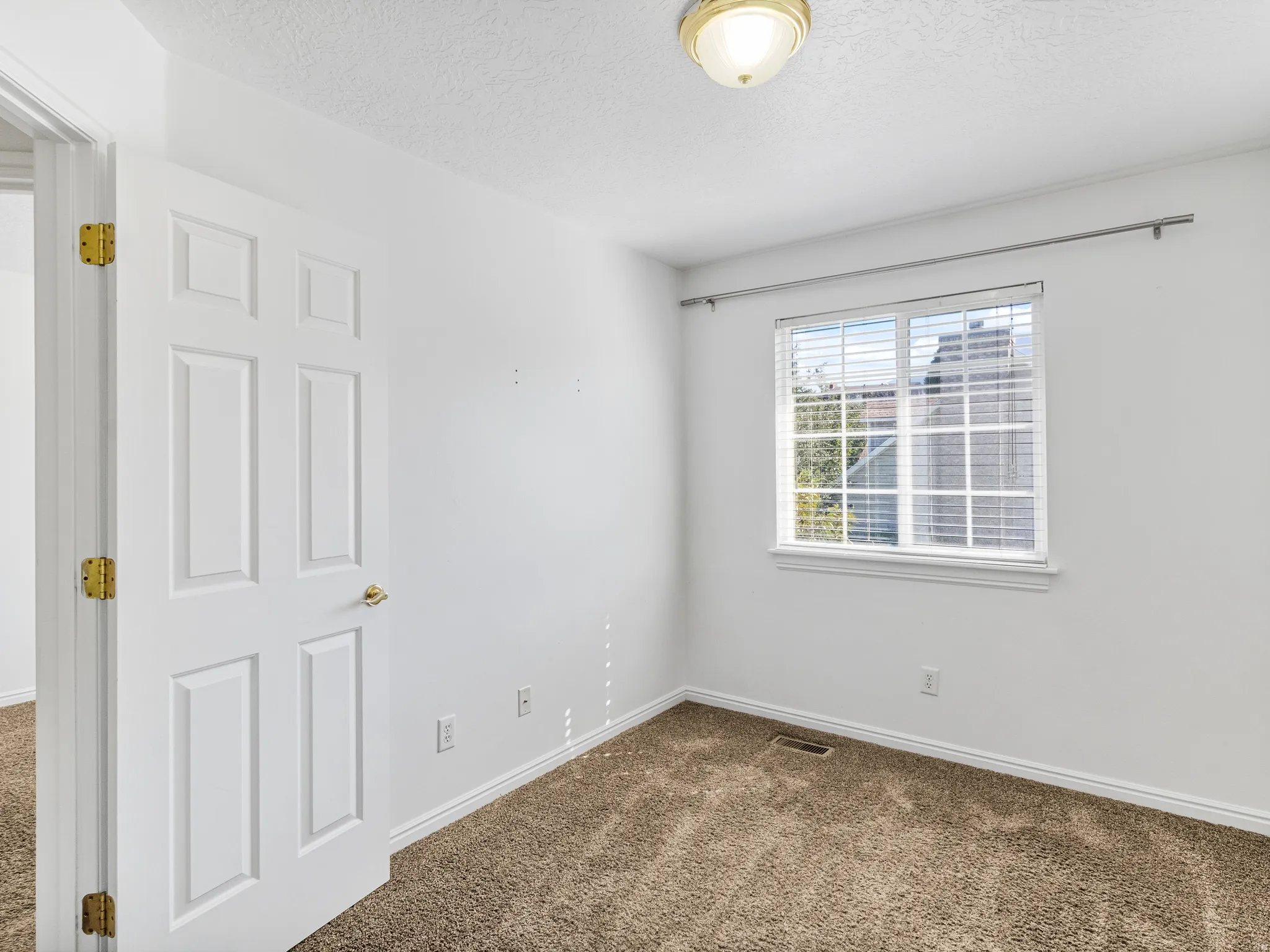 Bright room featuring a single window with horizontal blinds, neutral carpet flooring, and a white paneled door