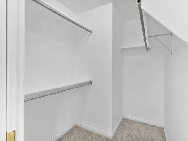Carpeted closet with multiple hanging rods and shelving