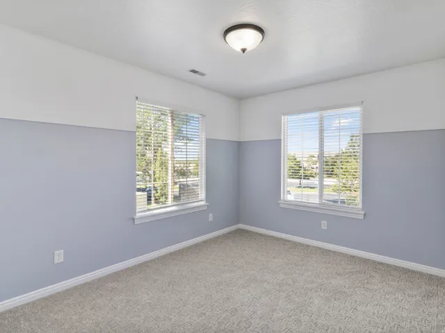 Two windows with blinds, wall-to-wall carpeting, and a flush-mount ceiling light fixture