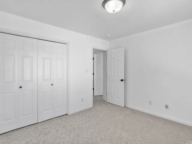 Light gray patterned carpet flooring, white walls, white paneled doors, and a flush mount ceiling light