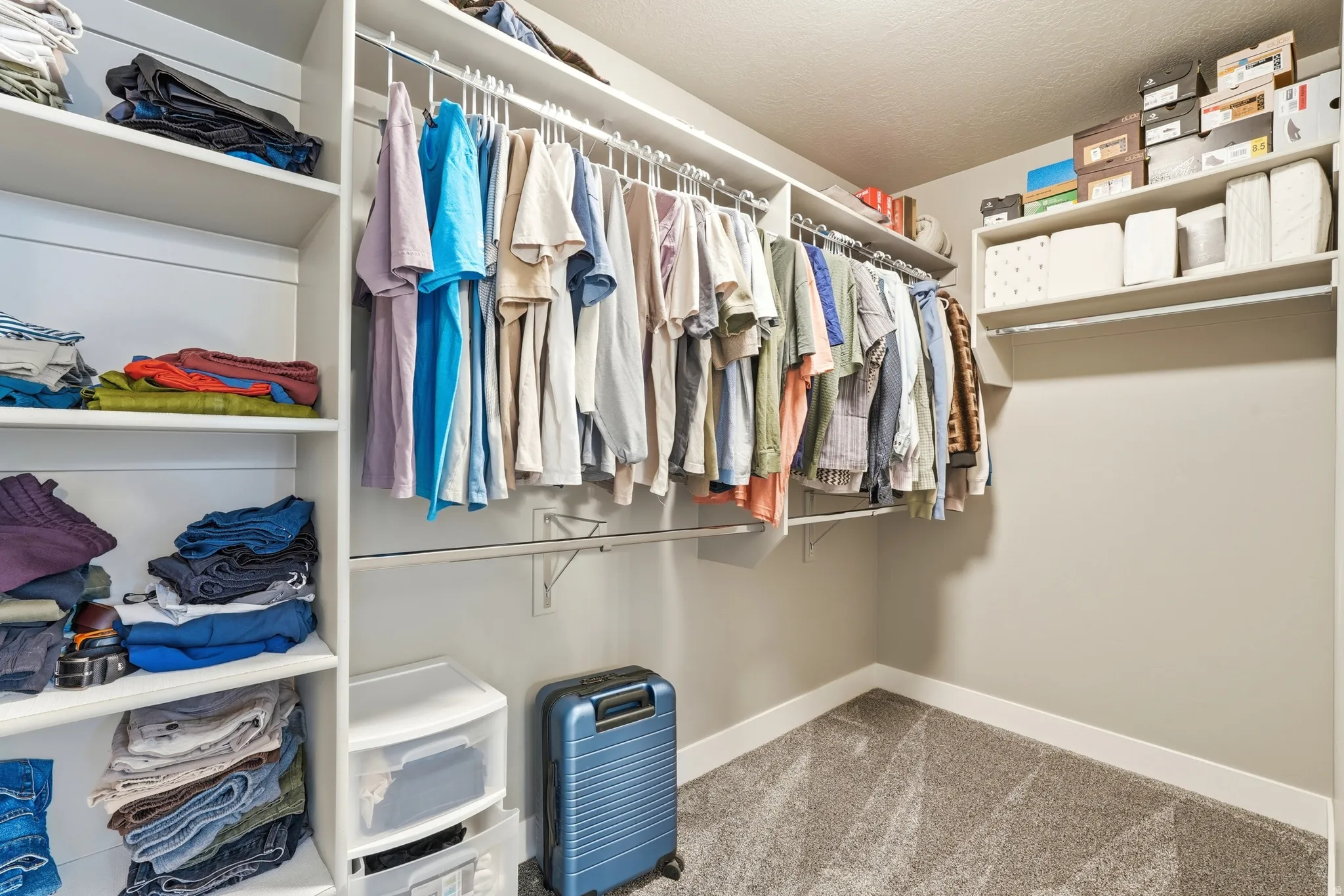 Integrated closet system featuring multiple hanging rods, built-in shelving, and carpet flooring