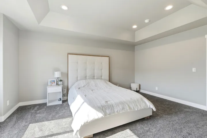 Recessed lighting illuminates a room featuring a tray ceiling, light gray wall paint, white baseboards, and gray carpeting