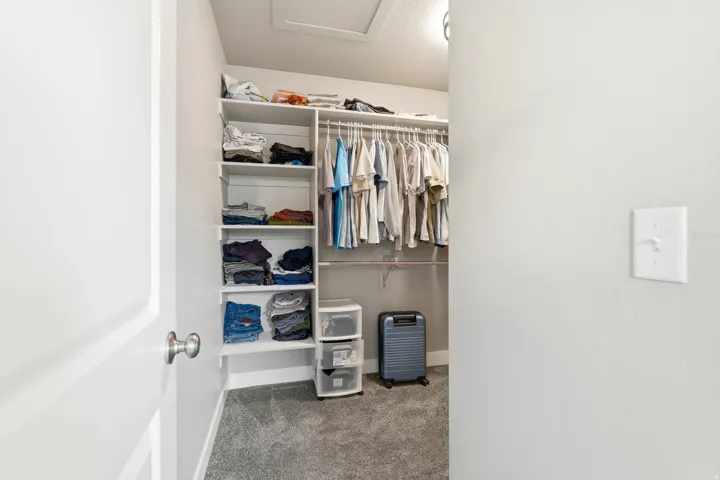 Walk-in closet with built-in shelving, hanging rods, and grey carpet flooring