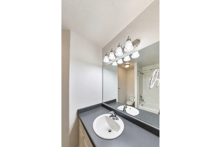 Bathroom vanity featuring a single basin sink, a gray countertop, and a large wall-mounted mirror