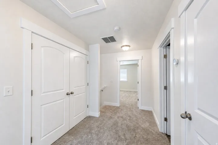 Carpeted hallway with white trim and doors, featuring a recessed ceiling vent and a flush-mount light fixture