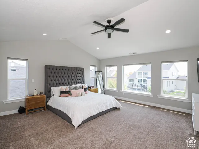 Large primary bedroom with vaulted ceiling and lots of light
