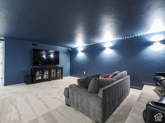 Tiered seating in the large theater room located under the garage
