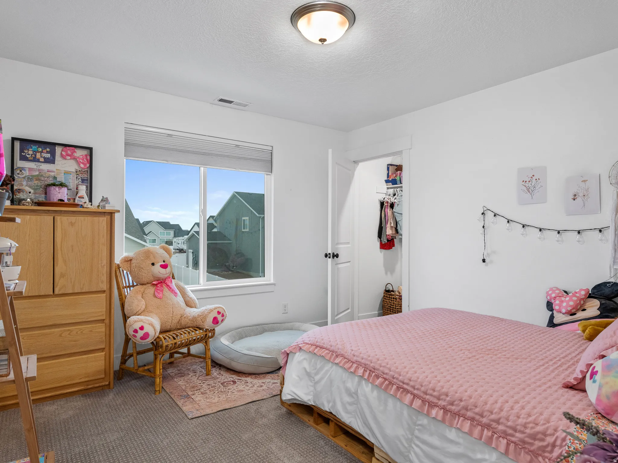 Bright room featuring a large window, carpet flooring, a ceiling-mounted light fixture, white walls, and a closet with a white door