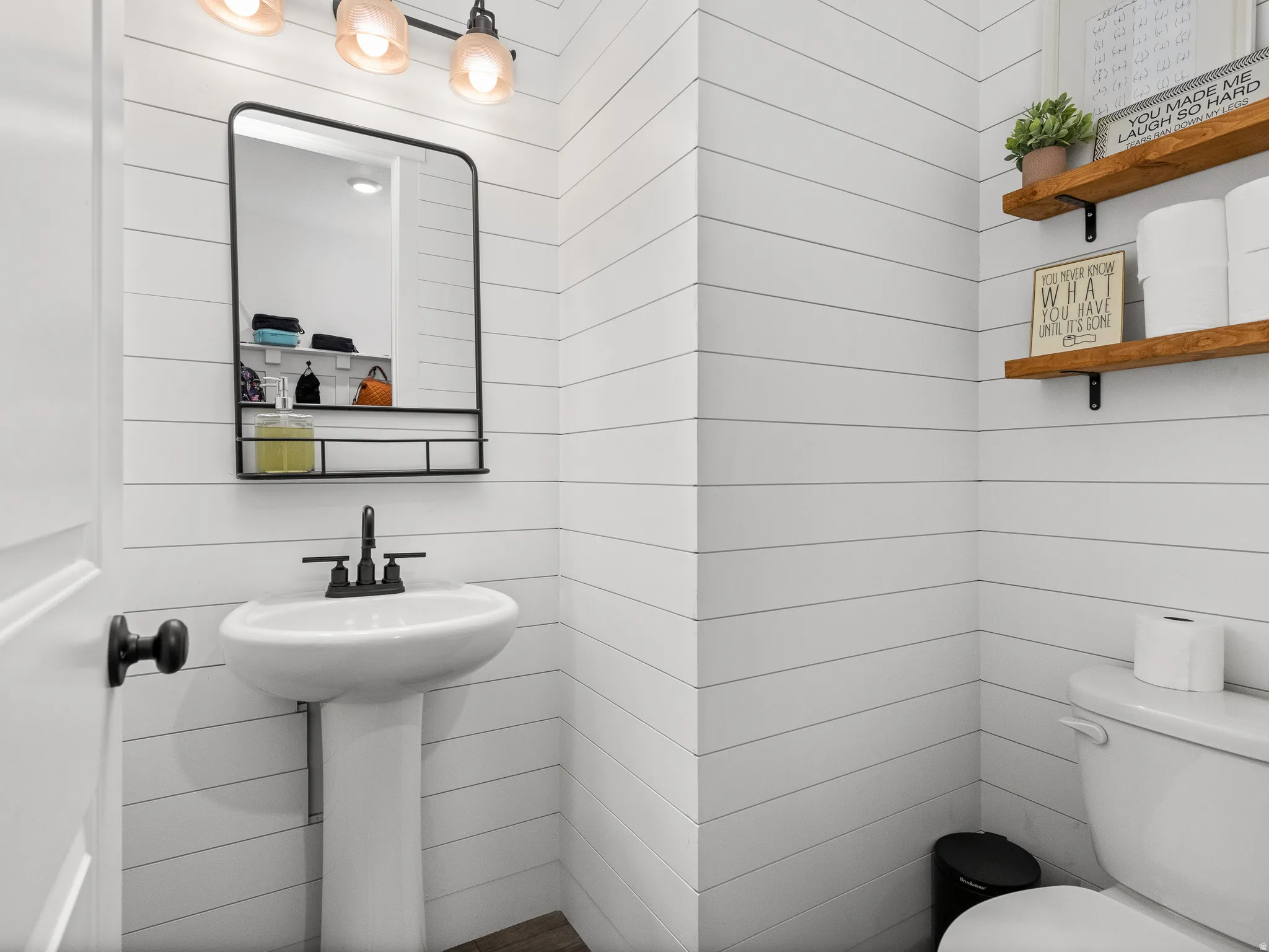 Pedestal sink with matte black faucet and coordinating wall-mounted mirror