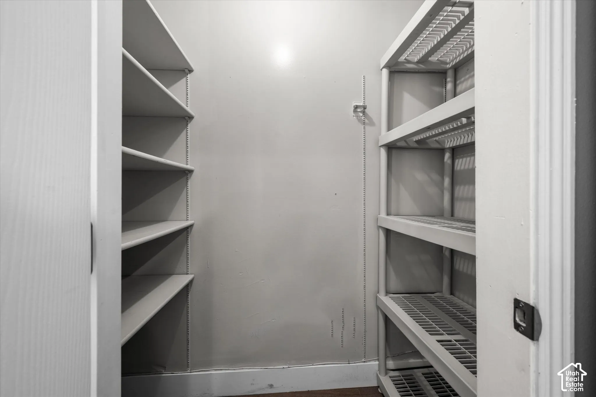 Spacious storage area featuring built-in shelving and freestanding storage units