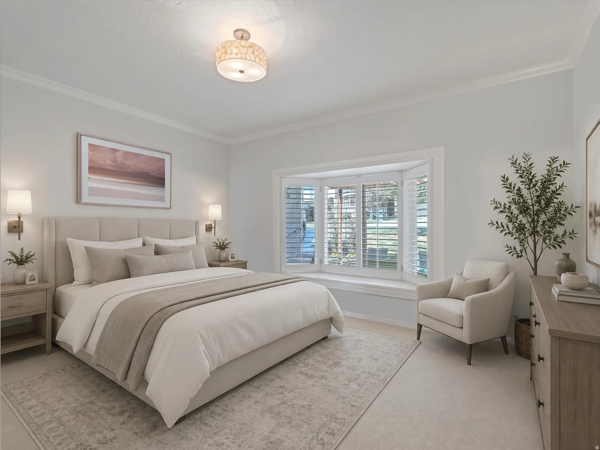 Bright room featuring a bay window with plantation shutters, crown molding, and a flush mount ceiling light fixture