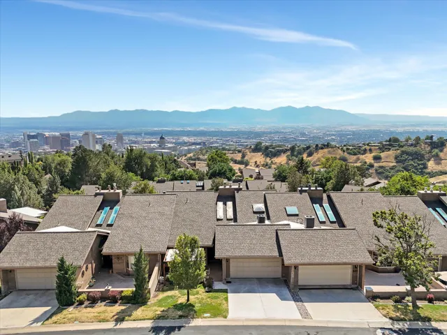 Terraced row of homes featuring attached garages, skylights, and a composite shingle roof