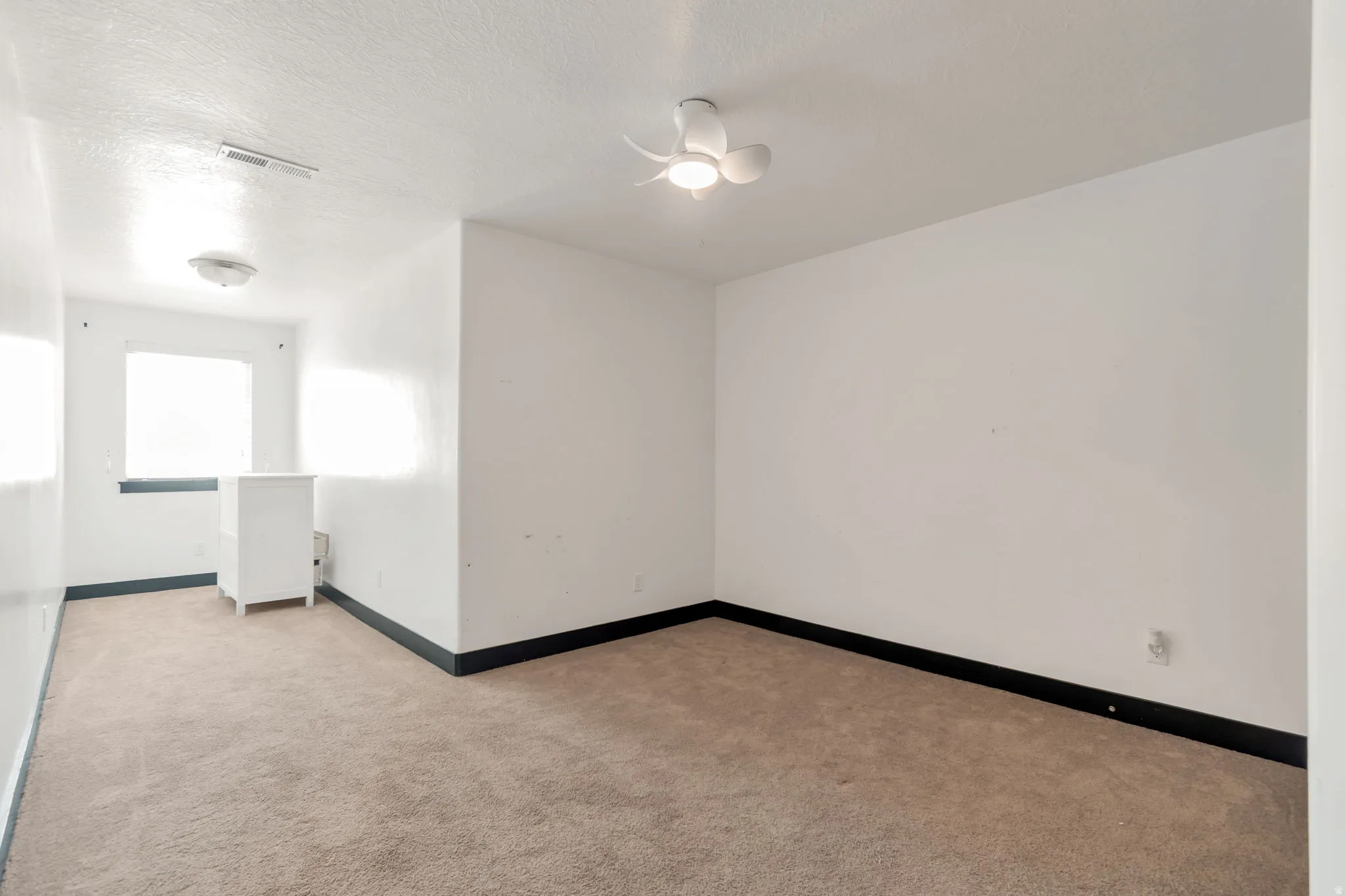 Carpeted room with a ceiling-mounted light fixture, white walls, and dark baseboards