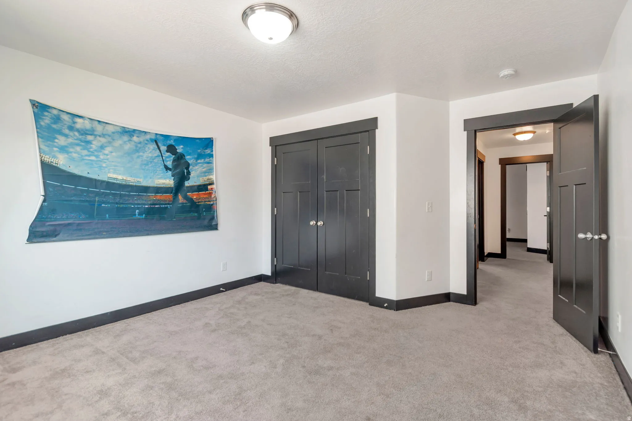 Neutral-toned carpeting paired with crisp white walls and dark trim