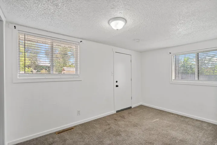 Carpeted room with white walls, two windows featuring blinds, a white door with a black doorknob, and a flush-mount ceiling light