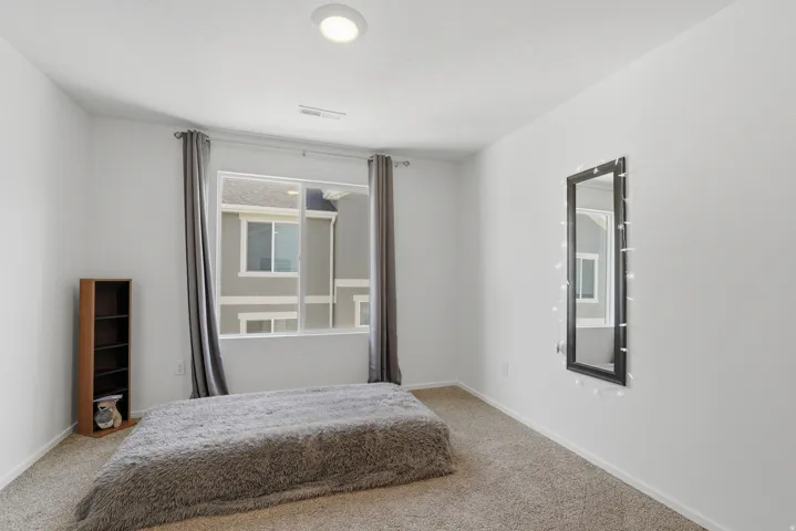 Bright room featuring a large window, neutral carpeting, and a built-in ceiling light fixture