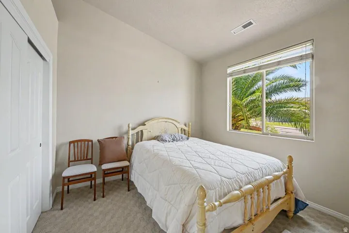 Light-colored wall finishes, patterned carpeting, and a double-door closet