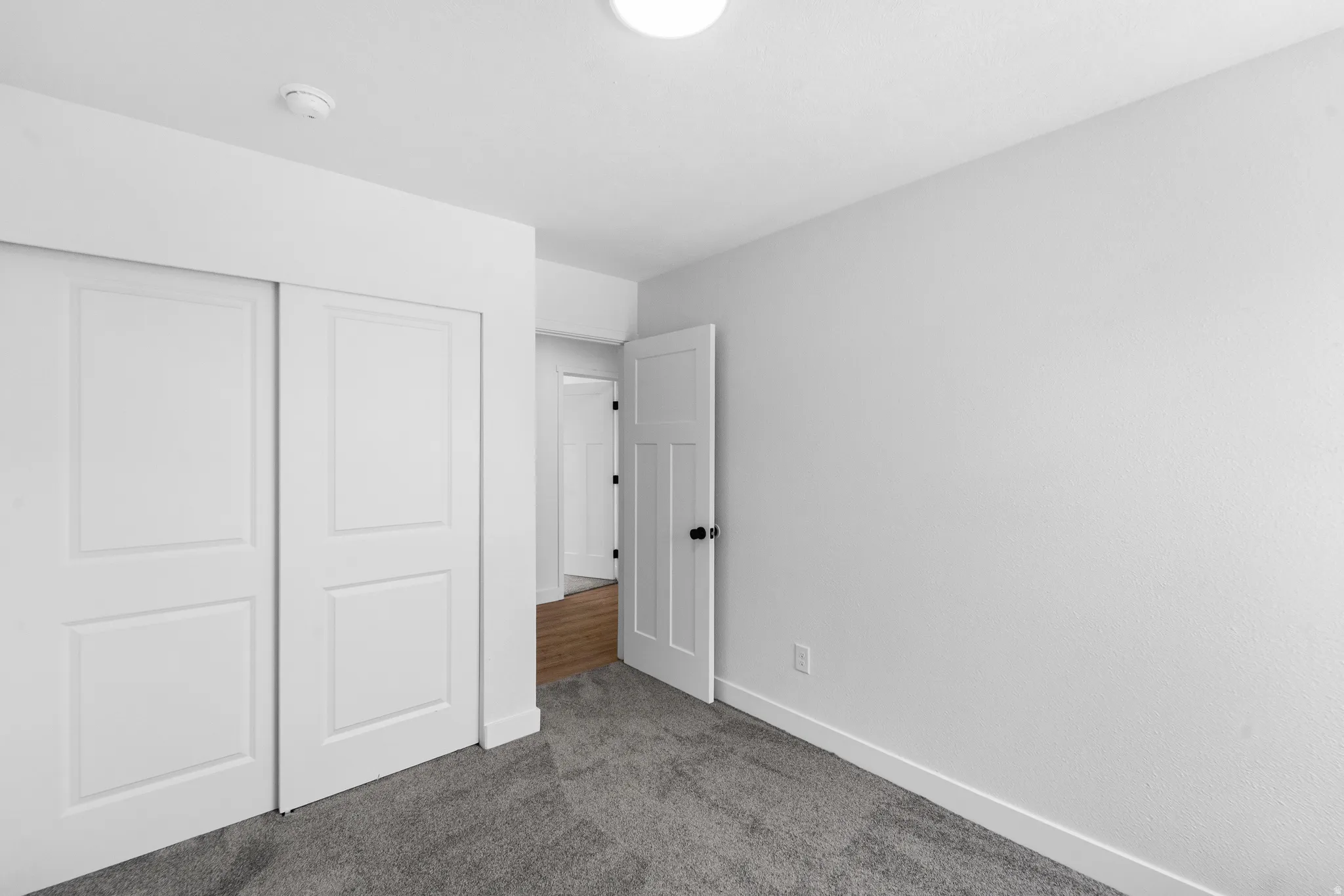 Spacious room featuring gray textured carpeting, white walls, and bright white trim