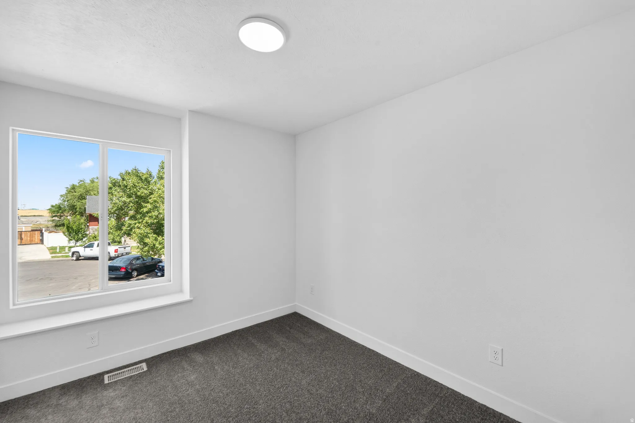 Carpeted room featuring a large window, white trim, and a flush-mount ceiling light fixture