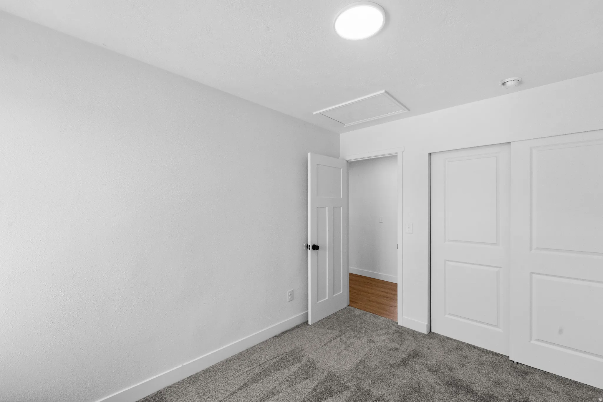 White walls and gray carpeting, featuring a modern ceiling light, a white paneled door, and sliding closet doors