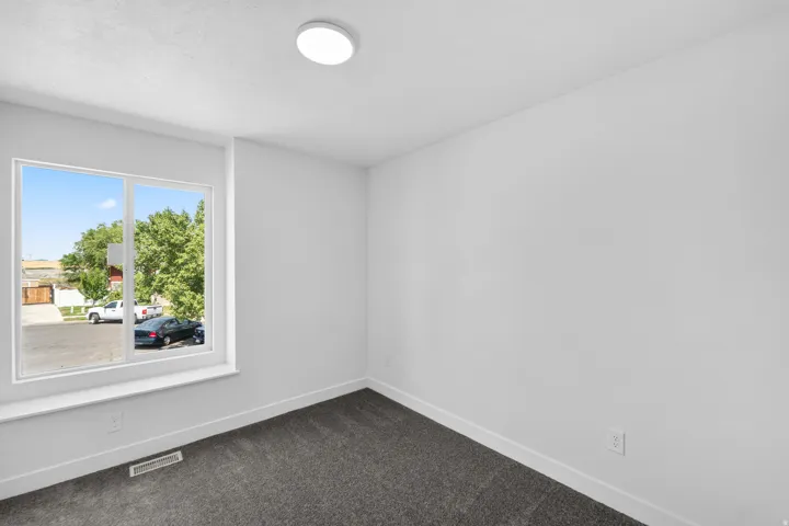Carpeted room featuring a large window, white trim, and a flush-mount ceiling light fixture