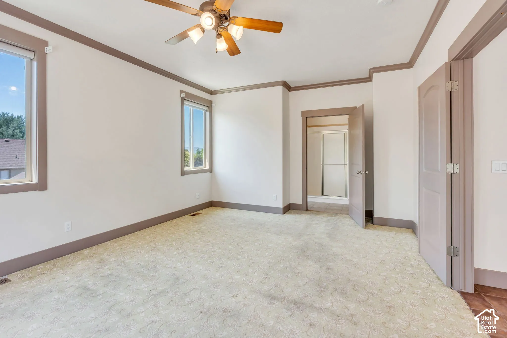 Spacious room featuring patterned carpet, a ceiling fan with integrated lighting, and two windows
