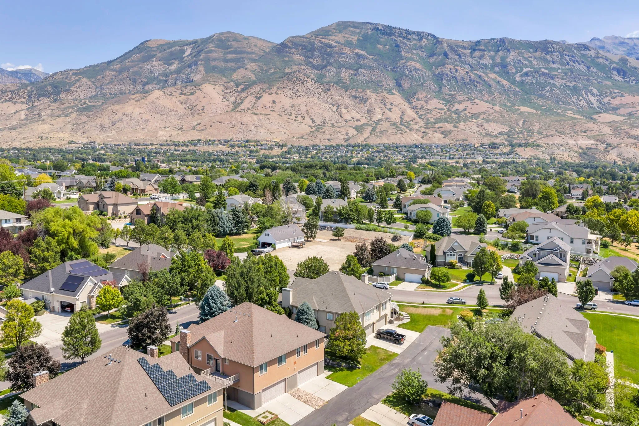 Aerial perspective showcasing a residential area with varied home styles and mature landscaping