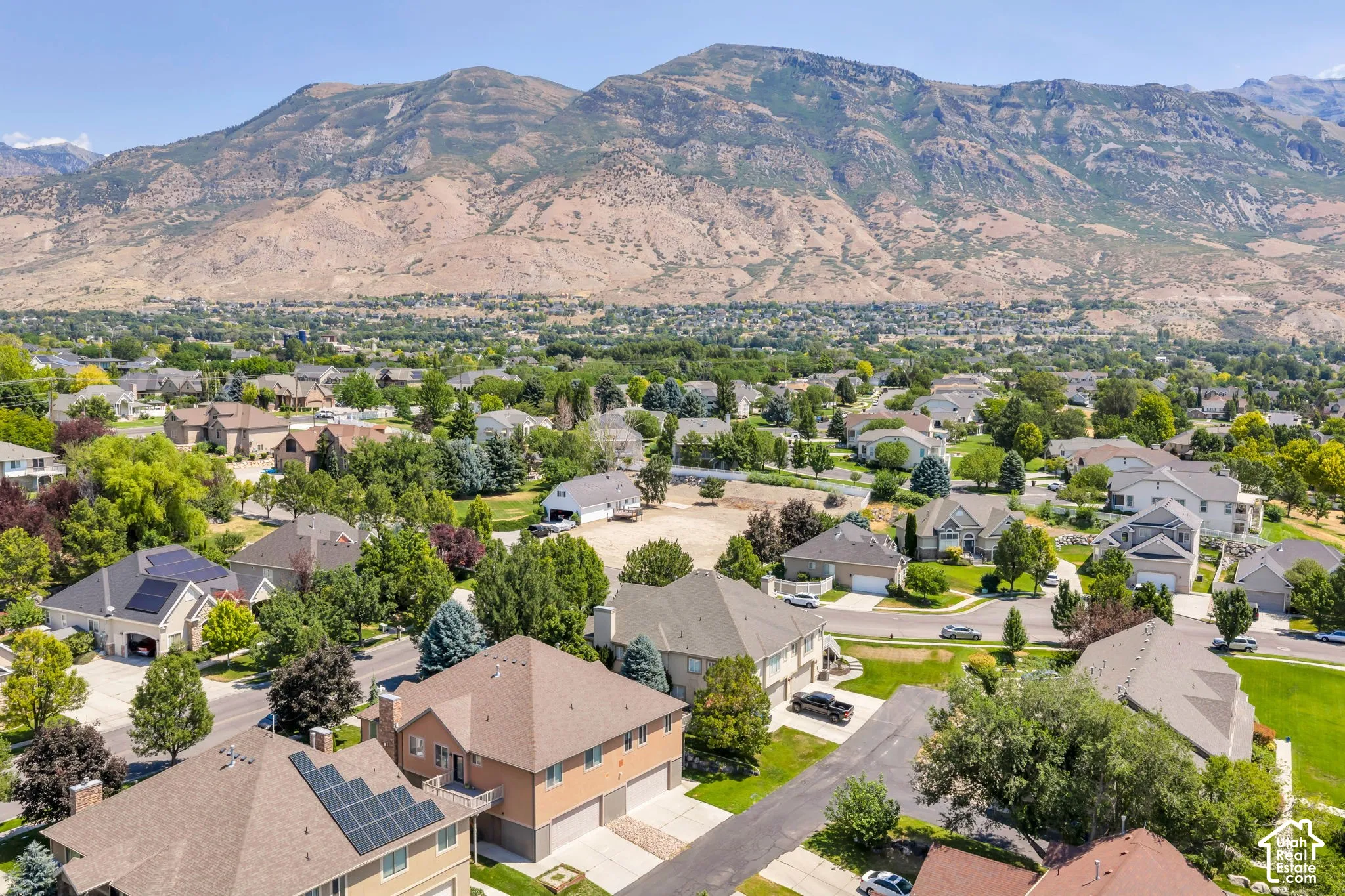 Aerial perspective showcasing a residential area with varied home styles and mature landscaping