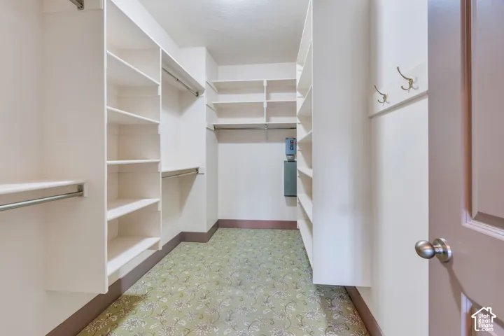 Walk-in closet featuring extensive built-in shelving, multiple hanging rods, patterned green carpet, and a paneled interior door with a brushed nickel knob